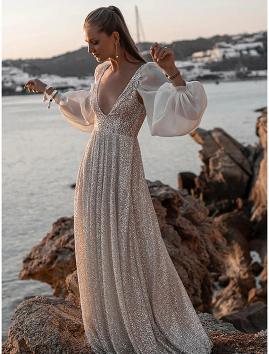 Beach Open Back Boho Wedding Dresses A-Line V Neck Long Sleeve Sweep / Brush Train Sequined Bridal Gowns With Pleats
