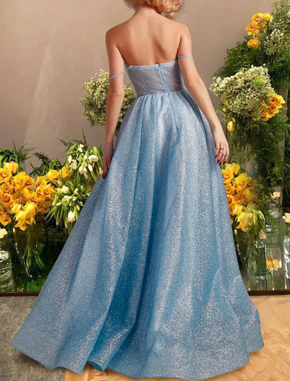 A-Line Prom Dresses Sparkle & Shine Dress Prom Floor Length Sleeveless Sweetheart Tulle with Glitter Pleats Slit