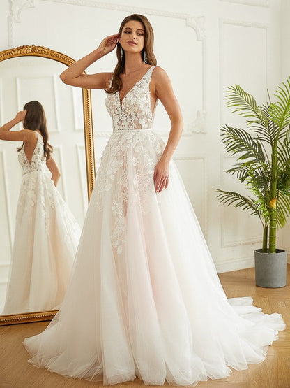 A-Line/Princess Tulle Applique V-neck Sleeveless Chapel Train Wedding Dresses