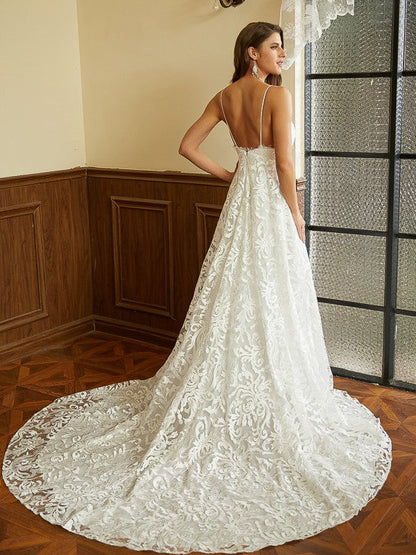 A-Line/Princess Lace V-neck Sleeveless Chapel Train Wedding Dresses