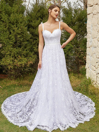 A-Line/Princess Lace Spaghetti Straps Sleeveless Chapel Train Wedding Dresses