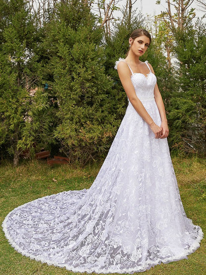 A-Line/Princess Lace Spaghetti Straps Sleeveless Chapel Train Wedding Dresses
