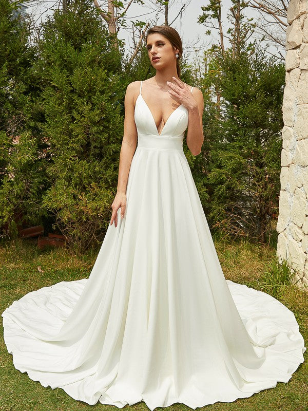 A-Line/Princess Stretch Crepe Lace V-neck Sleeveless Cathedral Train Wedding Dresses