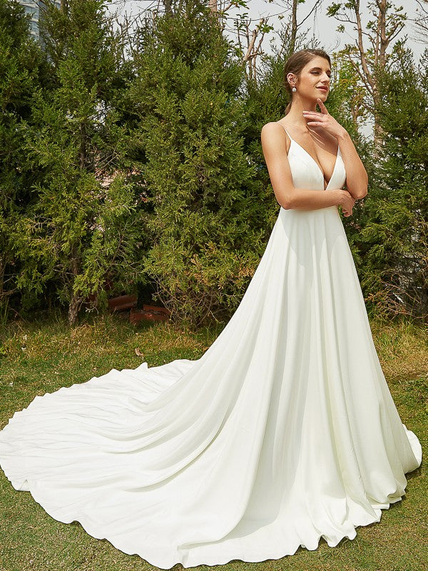 A-Line/Princess Stretch Crepe Lace V-neck Sleeveless Cathedral Train Wedding Dresses