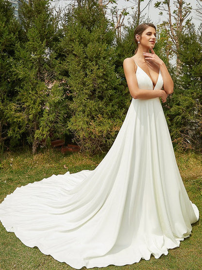 A-Line/Princess Stretch Crepe Lace V-neck Sleeveless Cathedral Train Wedding Dresses