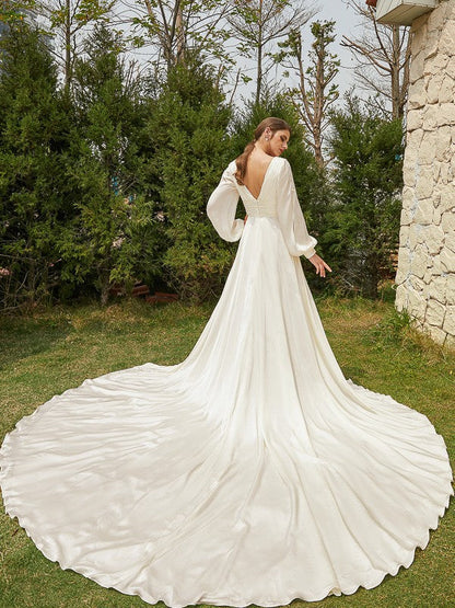 A-Line/Princess Satin Chiffon Ruched V-neck Long Sleeves Cathedral Train Wedding Dresses