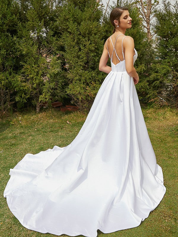 A-Line/Princess Satin Ruffles V-neck Sleeveless Court Train Wedding Dresses