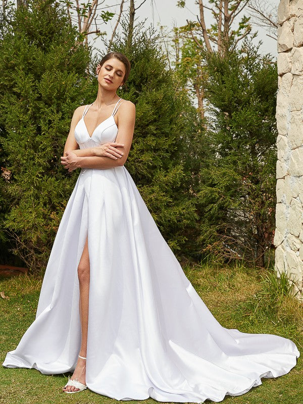 A-Line/Princess Satin Ruffles V-neck Sleeveless Court Train Wedding Dresses