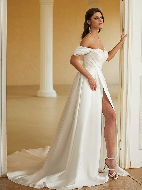A-Line/Princess Chiffon Lace V-neck 1/2 Sleeves Floor-Length Wedding Dresses