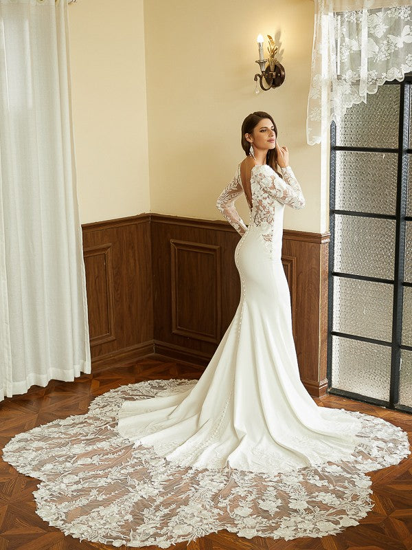 Sheath/Column Stretch Crepe Lace Scoop Long Sleeves Cathedral Train Wedding Dresses