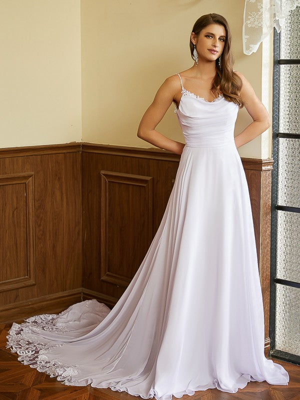 A-Line/Princess Chiffon Lace Spaghetti Straps Sleeveless Chapel Train Wedding Dresses