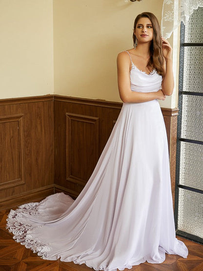 A-Line/Princess Chiffon Lace Spaghetti Straps Sleeveless Chapel Train Wedding Dresses