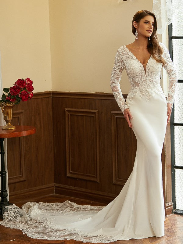 Sheath/Column Stretch Crepe Lace V-neck Long Sleeves Cathedral Train Wedding Dresses