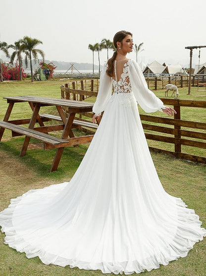 A-Line/Princess Chiffon Applique Scoop Long Sleeves Chapel Train Wedding Dresses