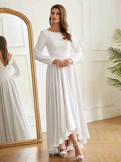A-Line/Princess Stretch Crepe Ruffles Scoop Long Sleeves Asymmetrical Wedding Dresses