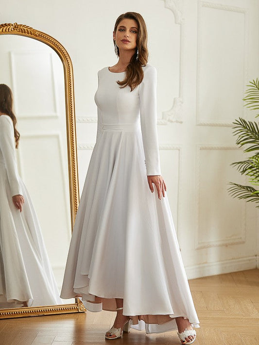 A-Line/Princess Stretch Crepe Ruffles Scoop Long Sleeves Asymmetrical Wedding Dresses