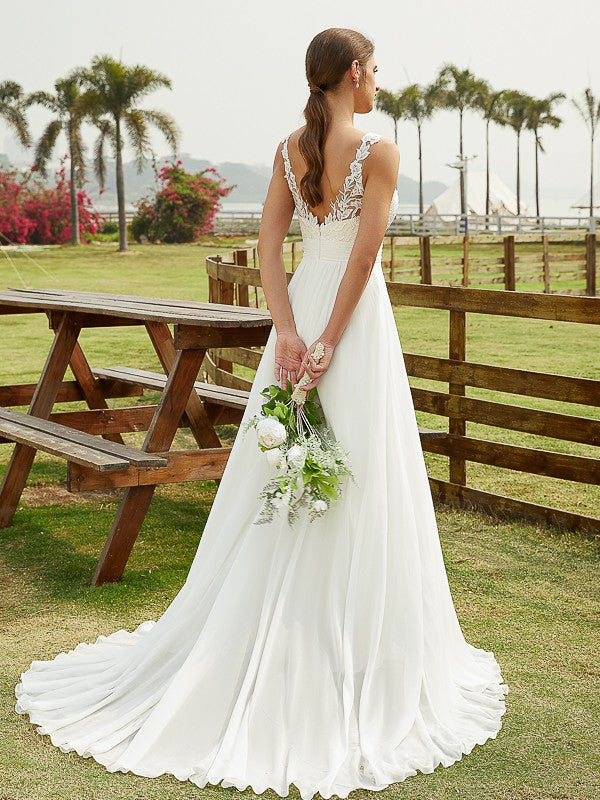 A-Line/Princess Chiffon Lace Scoop Sleeveless Sweep/Brush Train Wedding Dresses