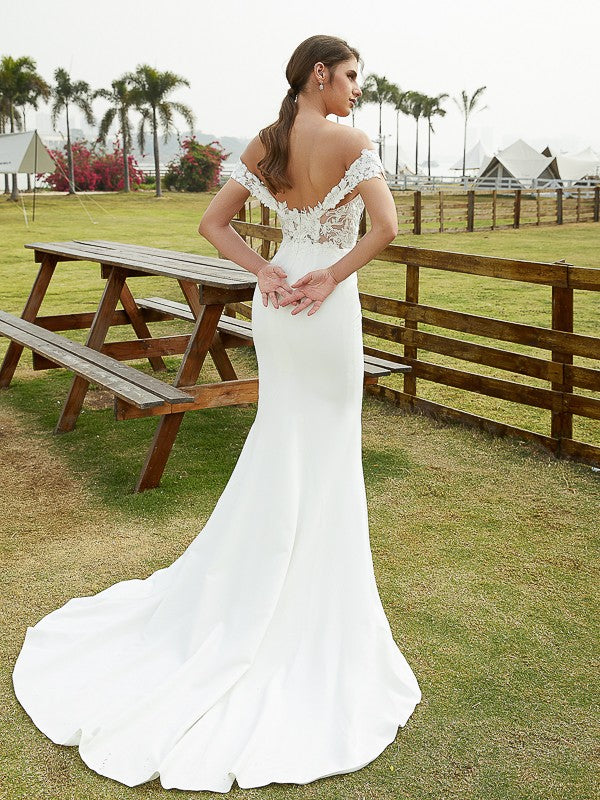 Sheath/Column Stretch Crepe Lace Off-the-Shoulder Sleeveless Court Train Wedding Dresses