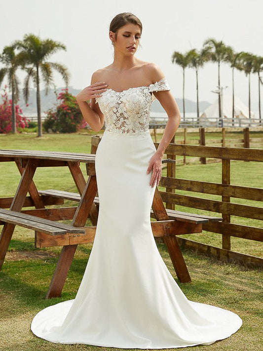 Sheath/Column Stretch Crepe Lace Off-the-Shoulder Sleeveless Court Train Wedding Dresses