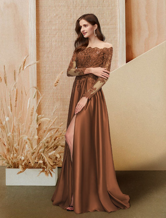 A-Line Evening Gown Glittering Dress Engagement Floor Length Long Sleeve Off Shoulder Satin with Sequin Slit Lace Insert