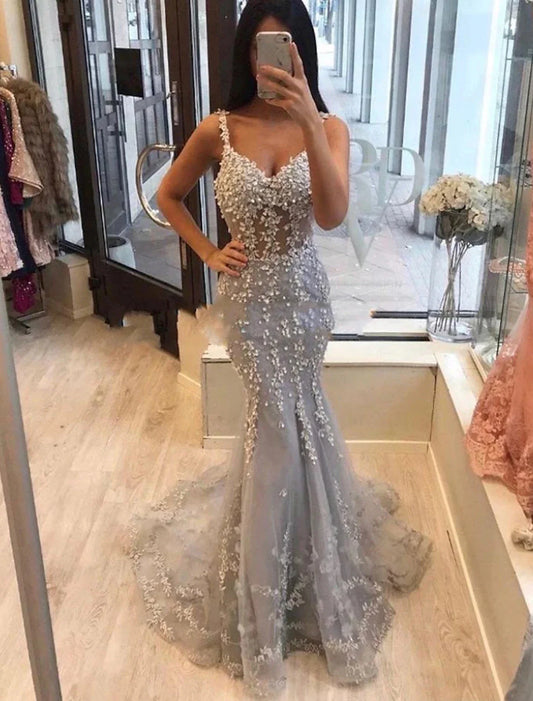 Mermaid / Trumpet Minimalist Elegant Party Wear Formal Evening Dress V Neck Sleeveless Sweep / Brush Train Tulle with Beading Appliques