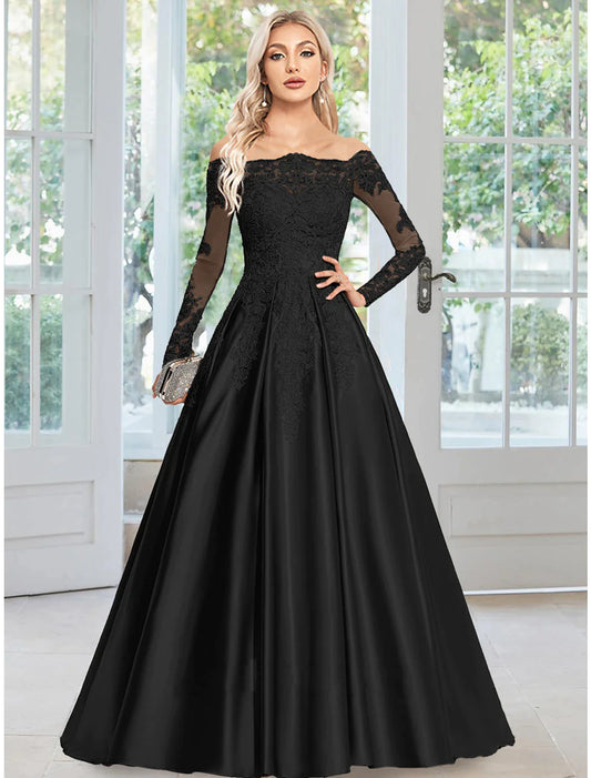 A-Line Evening Gown Floral Dress Formal Court Train Long Sleeve Off Shoulder Satin with Appliques