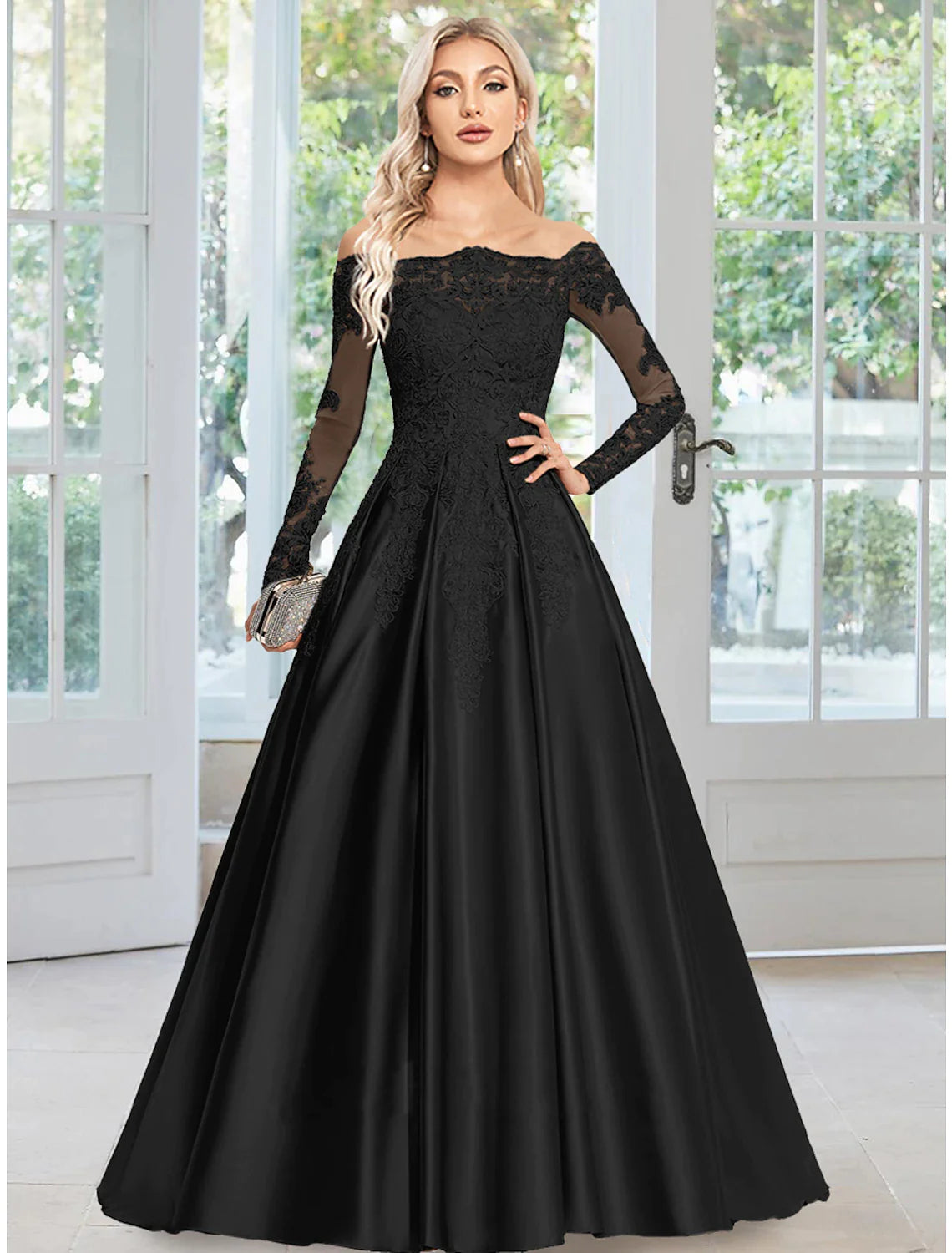 A-Line Evening Gown Floral Dress Formal Court Train Long Sleeve Off Shoulder Satin with Appliques