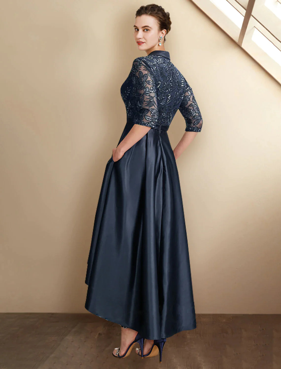 A-Line Mother of the Bride Dress Plus Size Elegant High Low Shirt Collar Asymmetrical Tea Length Satin Lace Half Sleeve with Pleats Sequin Appliques
