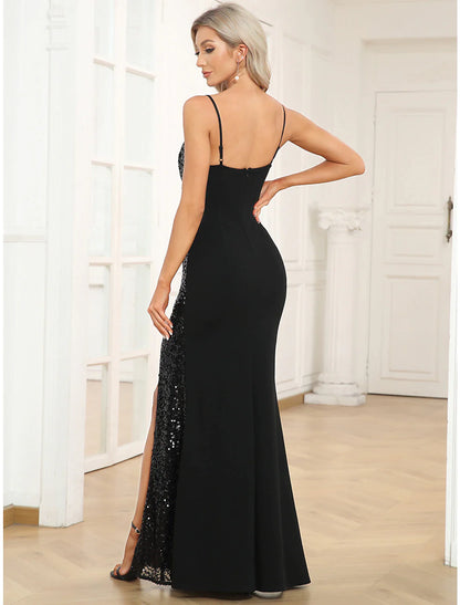 Mermaid / Trumpet Evening Gown Vintage Dress Prom Floor Length Sleeveless V Neck Polyester with Sequin Slit