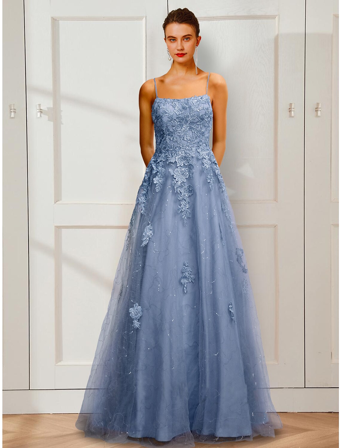 A-Line Prom Dresses Floral Dress Party Wear Floor Length Sleeveless Spaghetti Strap Satin with Appliques