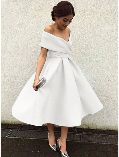 A-Line Cocktail Dresses 1950s Dress Wedding Guest Tea Length Short Sleeve V Neck Stretch Fabric V Back with Pleats