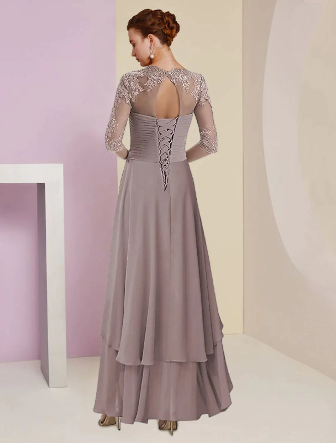 Two Piece A-Line Mother of the Bride Dress Formal Wedding Guest Elegant Square Neck Asymmetrical Tea Length Chiffon Lace 3/4 Length Sleeve Wrap Included with Ruched Tier Appliques