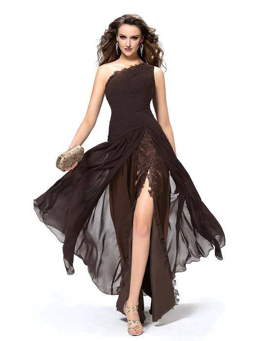 A-Line Elegant Sexy Party Wear Formal Evening Dress One Shoulder Backless Sleeveless Floor Length Chiffon with Slit Lace Insert