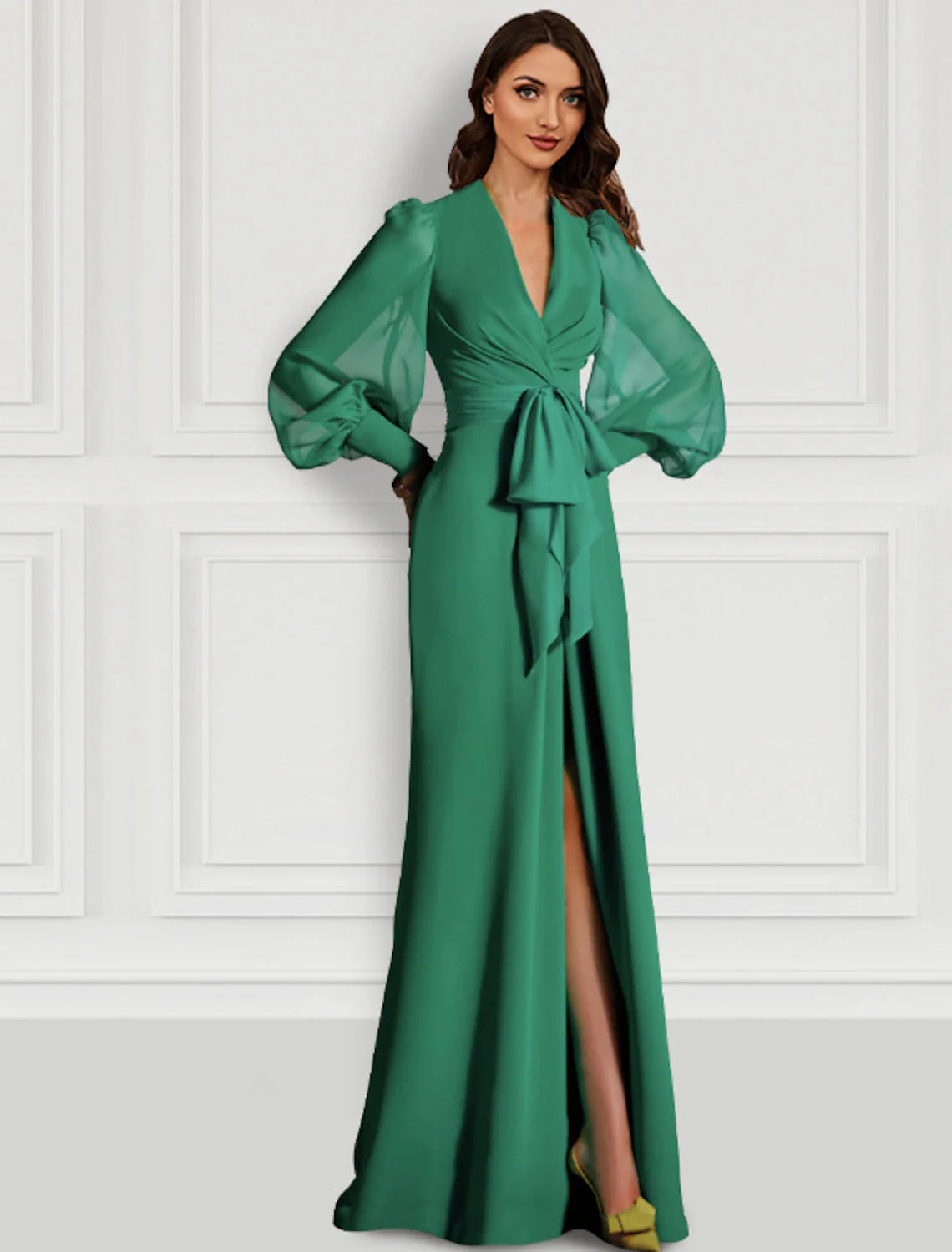 Sheath Evening Gown Sage Mother Elegant Dress Formal Sweep / Brush Train Long Sleeve V Neck Chiffon with Slit Strappy
