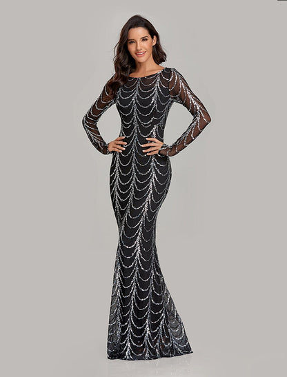 Mermaid / Trumpet Sparkle Elegant Party Wear Formal Evening Dress Jewel Neck Long Sleeve Floor Length Sequined with Sequin