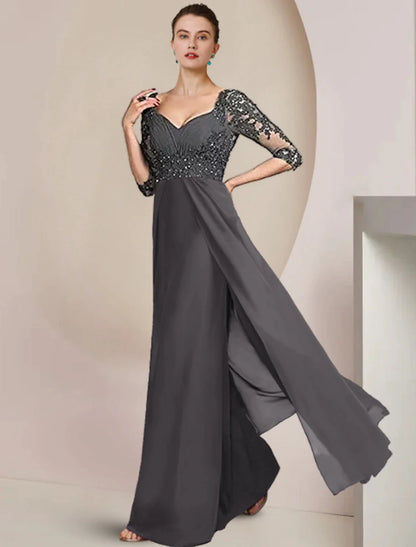 Sheath / Column Mother of the Bride Dress Formal Wedding Guest Elegant Square Neck Floor Length Chiffon Lace 3/4 Length Sleeve with Sequin Appliques Ruching