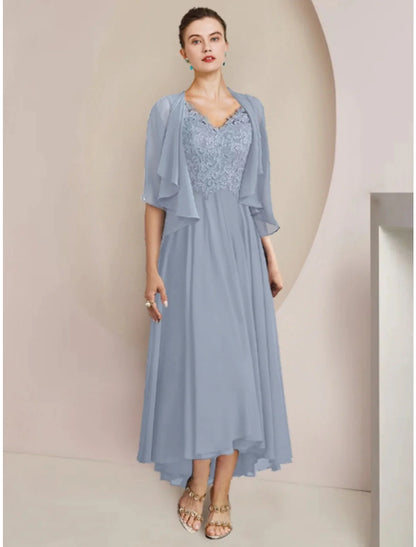 Sheath / Column Mother of the Bride Dress Wedding Guest Vintage Elegant V Neck Asymmetrical Ankle Length Chiffon Lace Half Sleeve with Pleats Solid Color