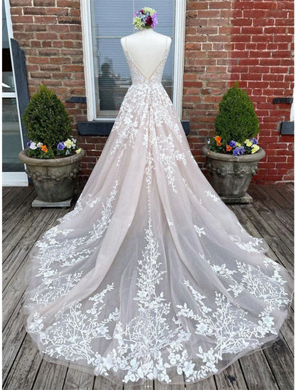 Engagement Wedding Dresses in Color Formal Wedding Dresses A-Line Sweetheart Camisole Spaghetti Strap Court Train Lace Bridal Gowns With Buttons Appliques