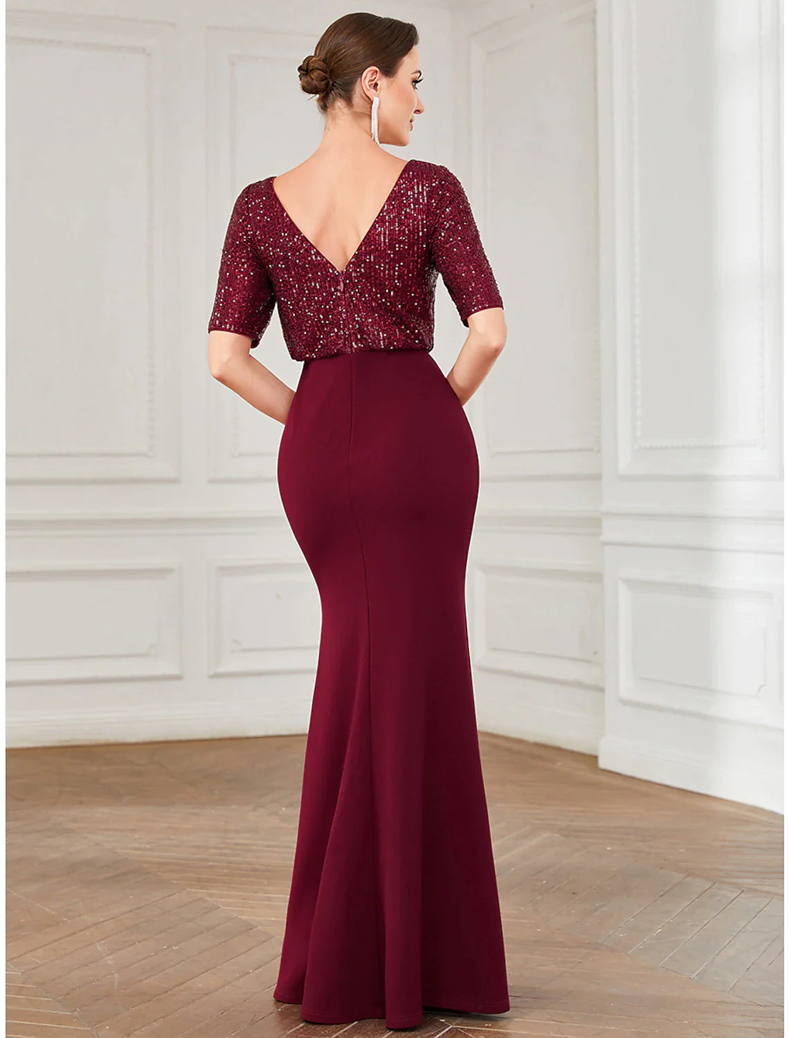 Mermaid / Trumpet Evening Gown Elegant Dress Party Wear Floor Length Half Sleeve Jewel Neck Sequined with Sequin