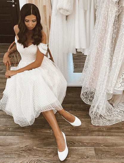 Reception Little White Dresses Wedding Dresses A-Line Off Shoulder Cap Sleeve Knee Length Tulle Bridal Gowns With