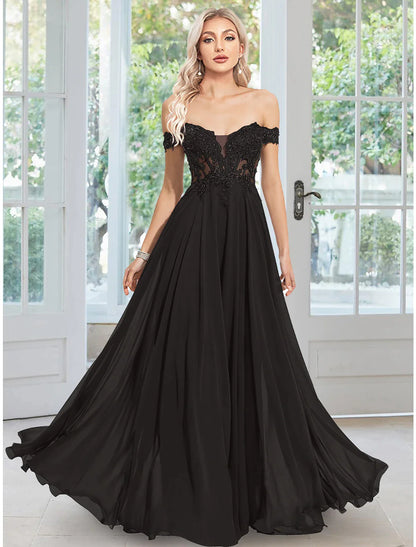 A-Line Evening Gown Floral Dress Prom Floor Length Sleeveless Off Shoulder Chiffon with Appliques