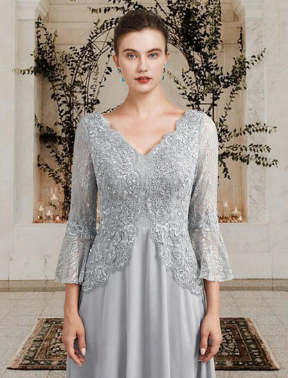 A-Line Mother of the Bride Dress Plus Size Elegant V Neck Floor Length Chiffon Lace 3/4 Length Sleeve with Pleats Sequin Appliques