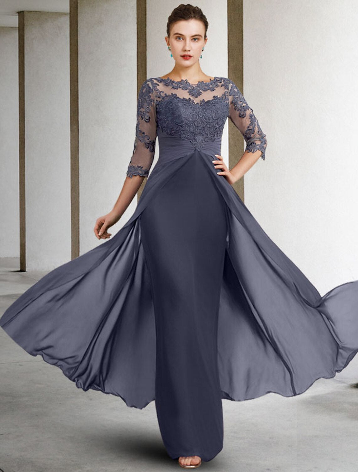 Sheath / Column Mother of the Bride Dress Elegant Jewel Neck Floor Length Chiffon Lace 3/4 Length Sleeve with Ruched Appliques