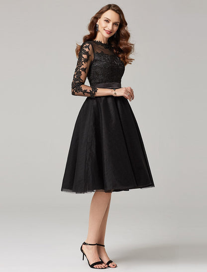 A-Line Elegant Dress Wedding Guest Knee Length 3/4 Length Sleeve Illusion Neck Tulle Over Lace with Appliques