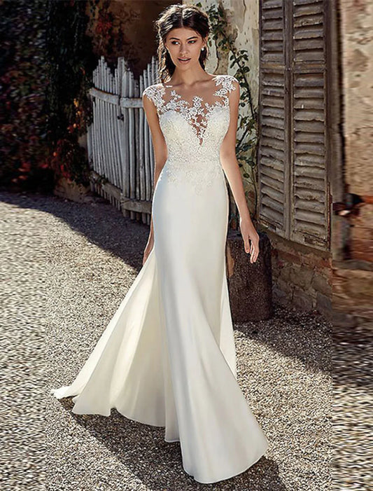 Beach Open Back Wedding Dresses Mermaid / Trumpet Illusion Neck Cap Sleeve Court Train Chiffon Bridal Gowns With Appliques Summer Fall Wedding Party