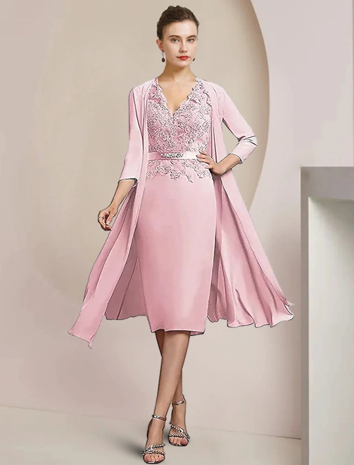 Two Piece Sheath / Column Mother of the Bride Dress Formal Wedding Guest Elegant V Neck Knee Length Chiffon Lace Sleeveless Jacket Dresses with Appliques Crystal Brooch