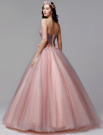 Ball Gown Floral Formal Evening Dress Strapless Sleeveless Floor Length Tulle with Pleats Flower