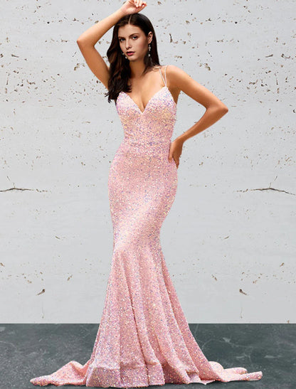 Mermaid / Trumpet Prom Dresses Open Back Dress Prom Sweep / Brush Train Sleeveless Sweetheart Sequined Backless with Sequin