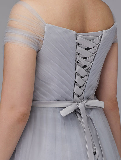 A-Line Elegant Dress Wedding Guest Tea Length Short Sleeve Off Shoulder Tulle with Sash / Ribbon