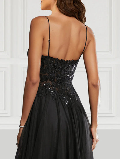 A-Line Prom Dresses Black Dress Party Wear Floor Length Sleeveless Spaghetti Strap Tulle with Glitter Slit